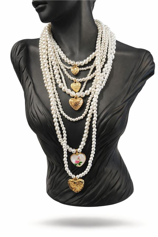 Nancy Altın Kalp ve Charm Detaylı Çoklun İncili Kolye